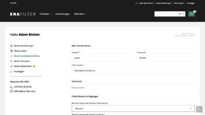 ENA Filter WooCommerce Webshop Kundenkonto