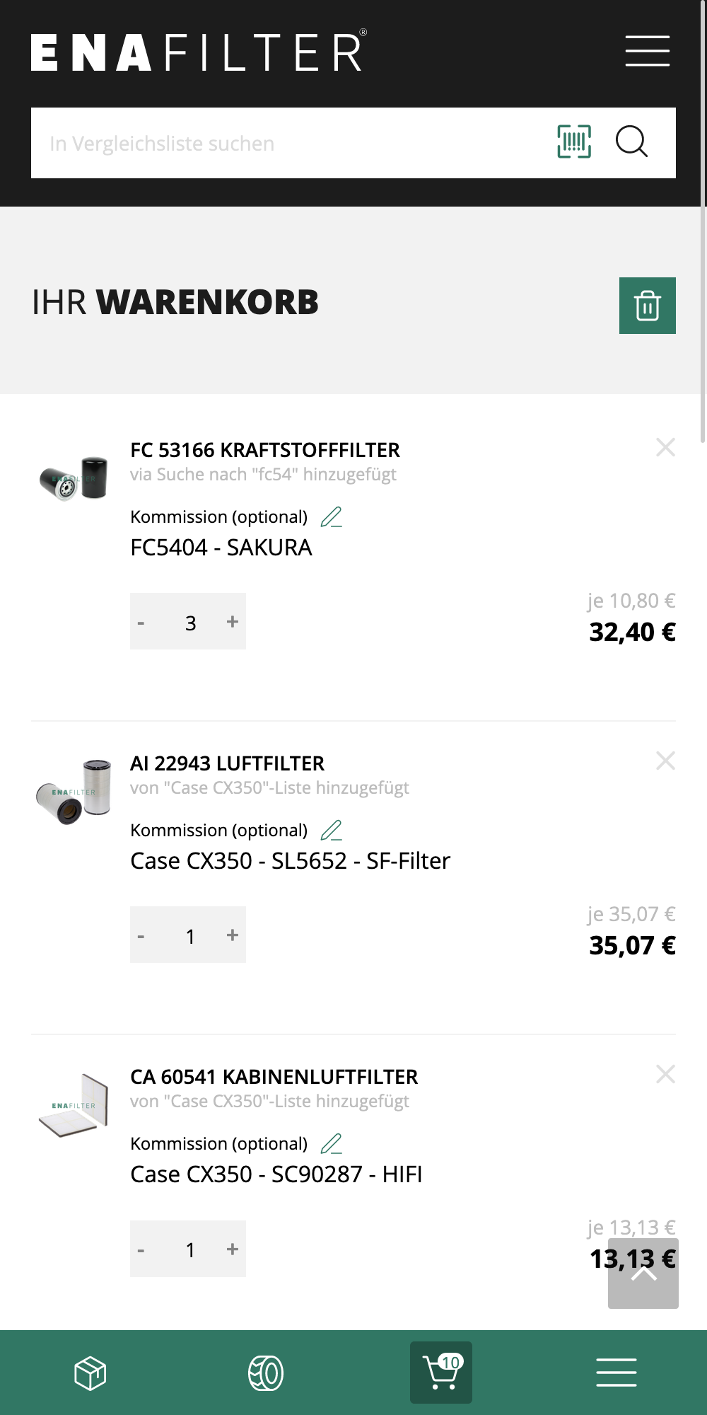 ENA Filter WooCommerce Webshop Warenkorb Mobil